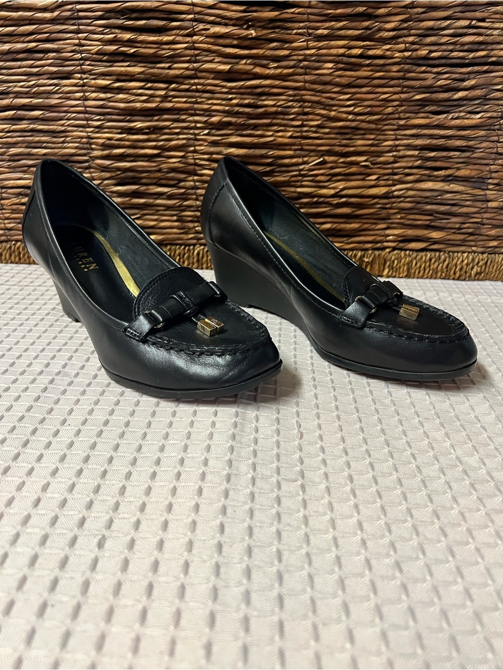 Lauren Ralph Lauren LRL Rory Black Leather Wedge Pump Loafers - Size 6.5